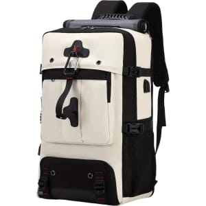 A convertible backpack to duffel bag in cream and black, featuring multiple pockets and a sturdy design.
