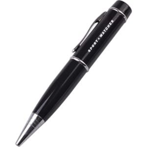 A sleek black pen with metallic accents, featuring a logo and a clip for easy attachment.