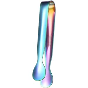 A pair of stainless steel ice tongs in a rainbow finish, featuring a sleek design and smooth edges.