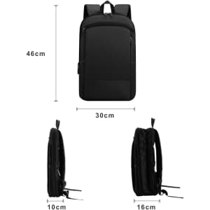 A black expandable laptop backpack displayed from the front, side, and in dimensions. It features adjustable straps and a logo.