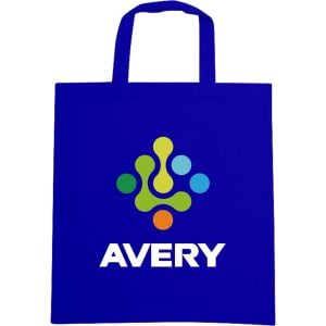A blue cotton bag with short handles and a logo featuring abstract shapes and text.