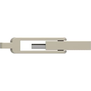 A beige flash drive with a simple design, featuring a metallic connection point and a logo.
