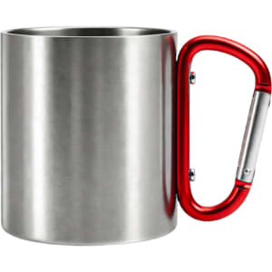 A stainless steel insulated travel mug with a shiny finish and a red carabiner handle. Includes a logo.