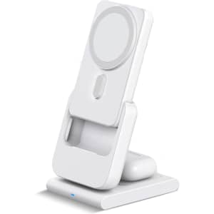 A white 3-in-1 power bank charging station with a stand, featuring a circular charging area and a logo.