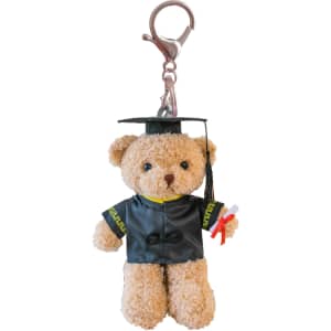 A plush bear keyring dressed in a black graduation gown and mortarboard, holding a diploma. Features a silver clip.