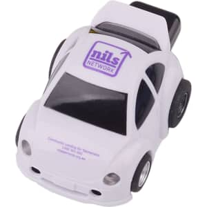 A car-shaped flash drive in white with black wheels and a logo on top. Ideal for tech enthusiasts.