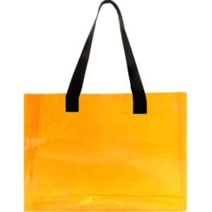 An orange clear tote bag with black handles, featuring a simple design and a logo.