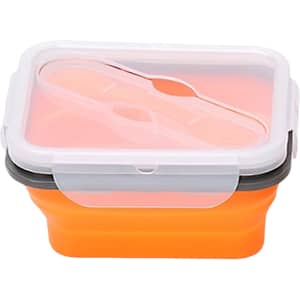 A reusable silicone food storage container in orange with a clear lid and grey accents. Includes a separate divider.