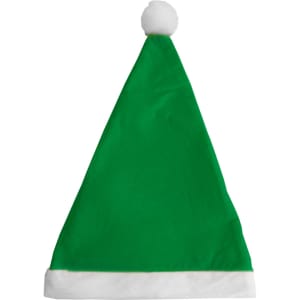 A green Santa hat with a white brim and a pom-pom on top, featuring a logo.