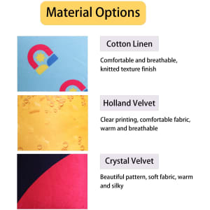Material options for a square cushion include cotton linen, holland velvet, and crystal velvet, featuring various textures and colours.