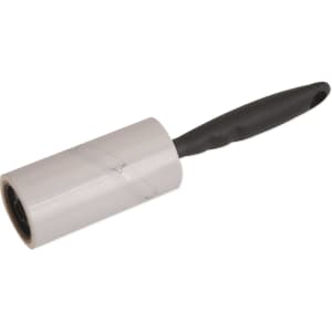 A lint remover with a black handle and a roll of sticky paper for removing lint and hair.