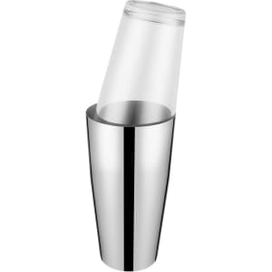 A cocktail shaker in stainless steel and clear glass, featuring a sleek, modern design. It includes a glass top.