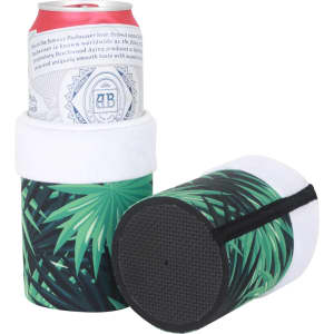 A drink bottle holder featuring green tropical leaves, with a white top resembling Santa's hat and a textured base.