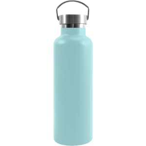 A drink bottle made of recycled stainless steel, featuring a light blue finish and a silver lid with a handle.
