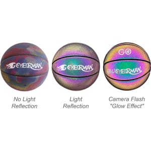 A holographic basketball in various lighting conditions, displaying vibrant, reflective colours. The ball features a logo.