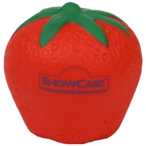 A strawberry-shaped stress reliever in bright red with a green top, featuring a logo.