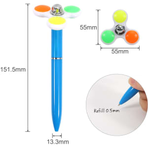 A blue pen featuring a spinning top design with yellow, green, and orange accents, and a refillable 0.5mm nib.