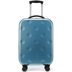 A lightweight, collapsible suitcase in a gradient teal colour with a textured surface and retractable handle.