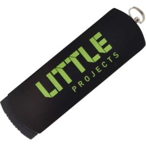 A black flash drive with a green logo and a keyring attachment for easy portability.