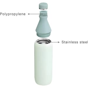 A drink bottle in light green stainless steel with a detachable polypropylene lid, featuring a slim, double wall design.