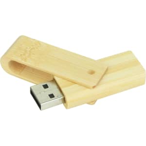 A wooden flash drive with a bamboo finish, featuring a sliding cap and USB connector, showcasing a natural aesthetic.
