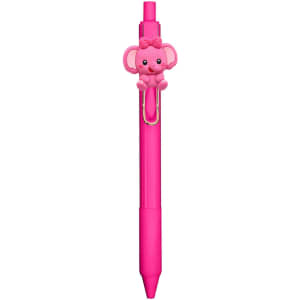 A pink pen featuring a decorative elephant topper and a clip. The pen has a smooth barrel design.