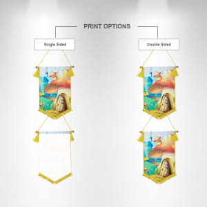 Two podium flags displayed, featuring vibrant illustrations, gold tassels, with options for single or double-sided printing.