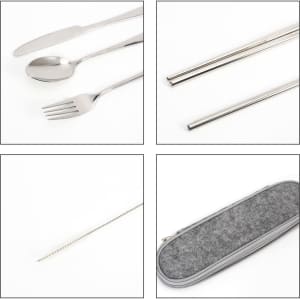 A stainless steel flatware set featuring a knife, spoon, fork, chopsticks, and a cleaning brush in a grey case.