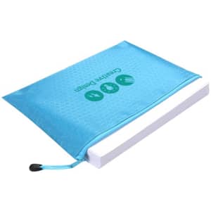 A light blue zip bag with a textured design, containing a white notepad and featuring a logo.