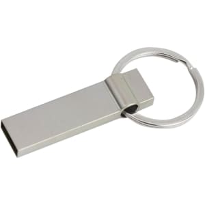 A silver USB flash drive attached to a metal keyring. The design is sleek and minimalistic.