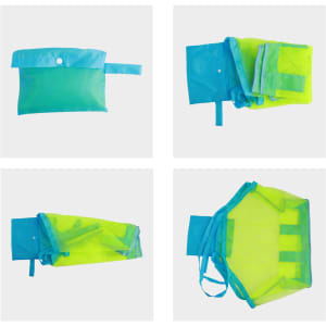 A mesh beach toy bag in bright blue and neon green, featuring zip closure and multiple compartments.