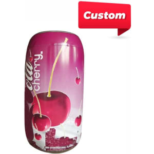 An inflatable bottle in pink featuring cherry graphics, with a logo displayed prominently.