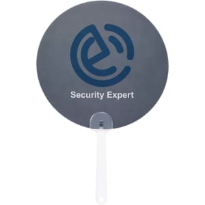 A round, grey hand fan with a white handle and a logo on one side, featuring text and a graphic design.