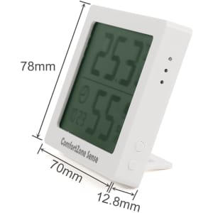A digital temperature and humidity thermometer in white, featuring a clear display with measurement readings.