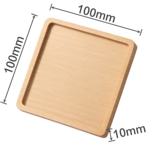 A square wooden coaster with natural wood finish, measuring 100mm by 100mm and 10mm in height.