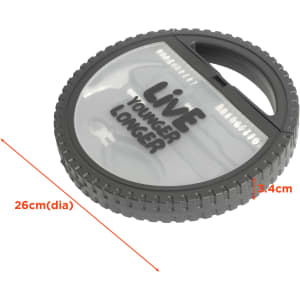 A round, grey car wheel tool kit with a transparent lid and handle, featuring a logo. Measures 26cm in diameter.