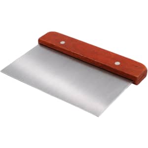 A stainless steel dough scraper with a wooden handle, featuring a sleek silver blade and a brown handle.