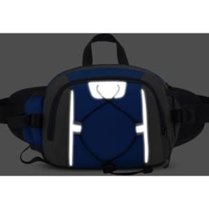 A drink bottle holder integrated with a navy blue waist bag featuring reflective accents and a central strap design.