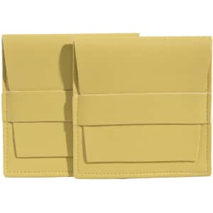 A yellow PU leather flip jewelry pouch featuring a sleek design with a front pocket. It has a logo on the surface.