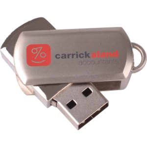 A silver flash drive with a removable cap and a logo on one side.