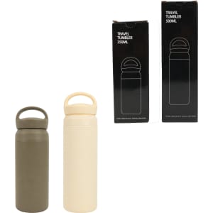 A drink bottle set featuring a dark green and a cream-coloured double wall stainless steel design, each with a handle.