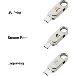 A metallic Type-C flash drive with a swivel design, featuring different printing options and a branding logo.