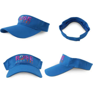 A blue sport visor featuring a logo. The visor has a wide brim and an adjustable strap at the back.