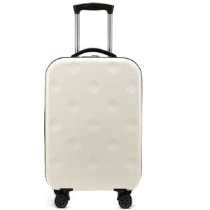 A collapsible suitcase in white with a textured surface, featuring a telescopic handle and four wheels for easy mobility.