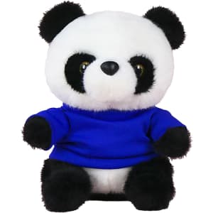 A plush toy panda with a black and white face, wearing a blue shirt. It has large, expressive eyes and a soft body.