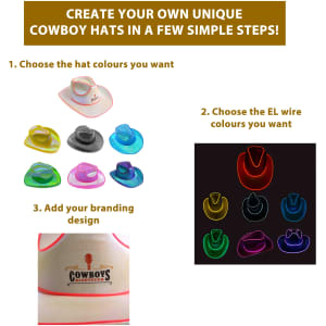 A selection of colourful cowboy hats in various shades, featuring a logo and options for customising EL wire colours.