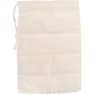 A small, natural beige cotton produce bag with a drawstring closure and a textured surface.
