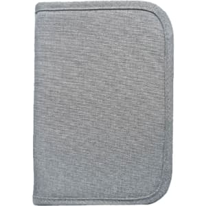 A grey passport holder featuring a textured fabric finish and a subtle logo.