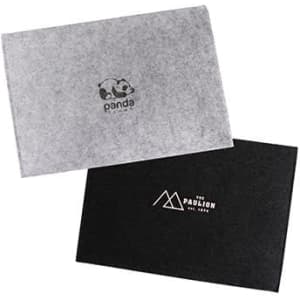 A grey and a black felt file folder, both featuring logos, stacked on top of each other.