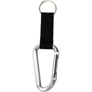 A silver carabiner keychain with a black fabric strap and a metal ring attached.